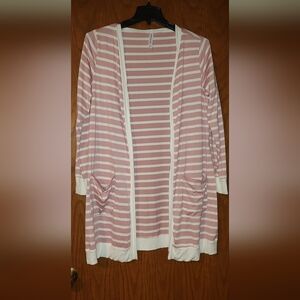 Pink and White Striped Cardigan. Long Length